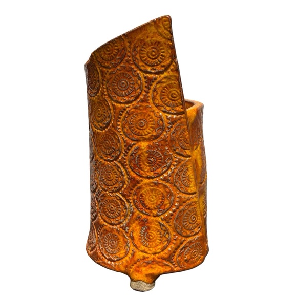 Handcrafted Pottery Vintage Planter Vase Copper Orange Abstract Mandala Pattern - Picture 5 of 13